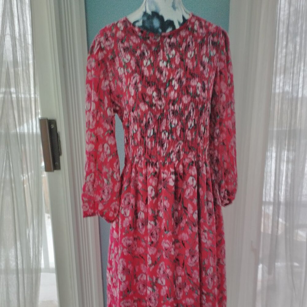 Nicole Miller Smocked Floral Pink-Red Dress, size small